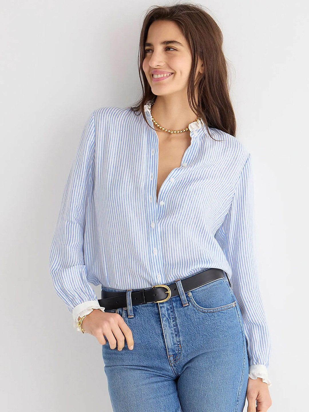 Selvia New Vertical Striped Ruffled Band Collar Casual Shirt