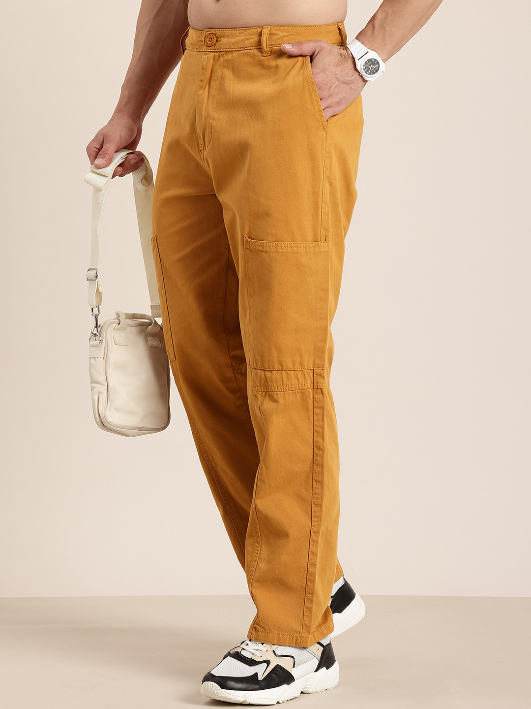 HERE&NOW Men Pure Cotton Relaxed Fit Chinos Cargo Trousers