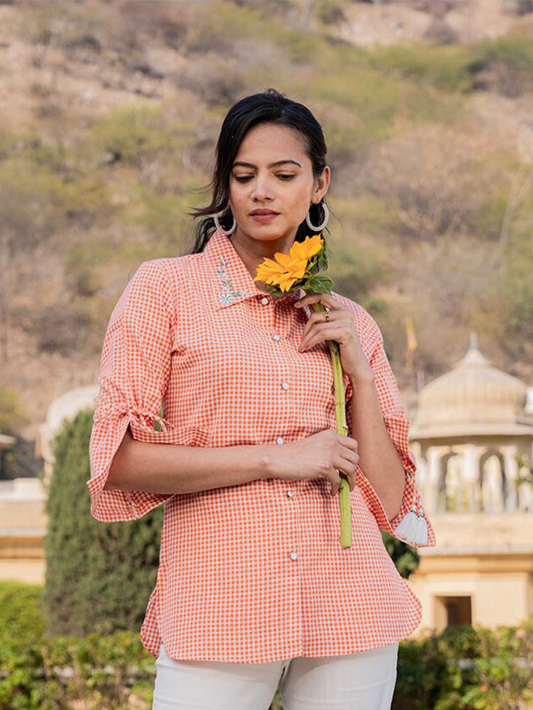 Yufta Printed Shirt Collar Bell Sleeves Cotton Shirt Style Top
