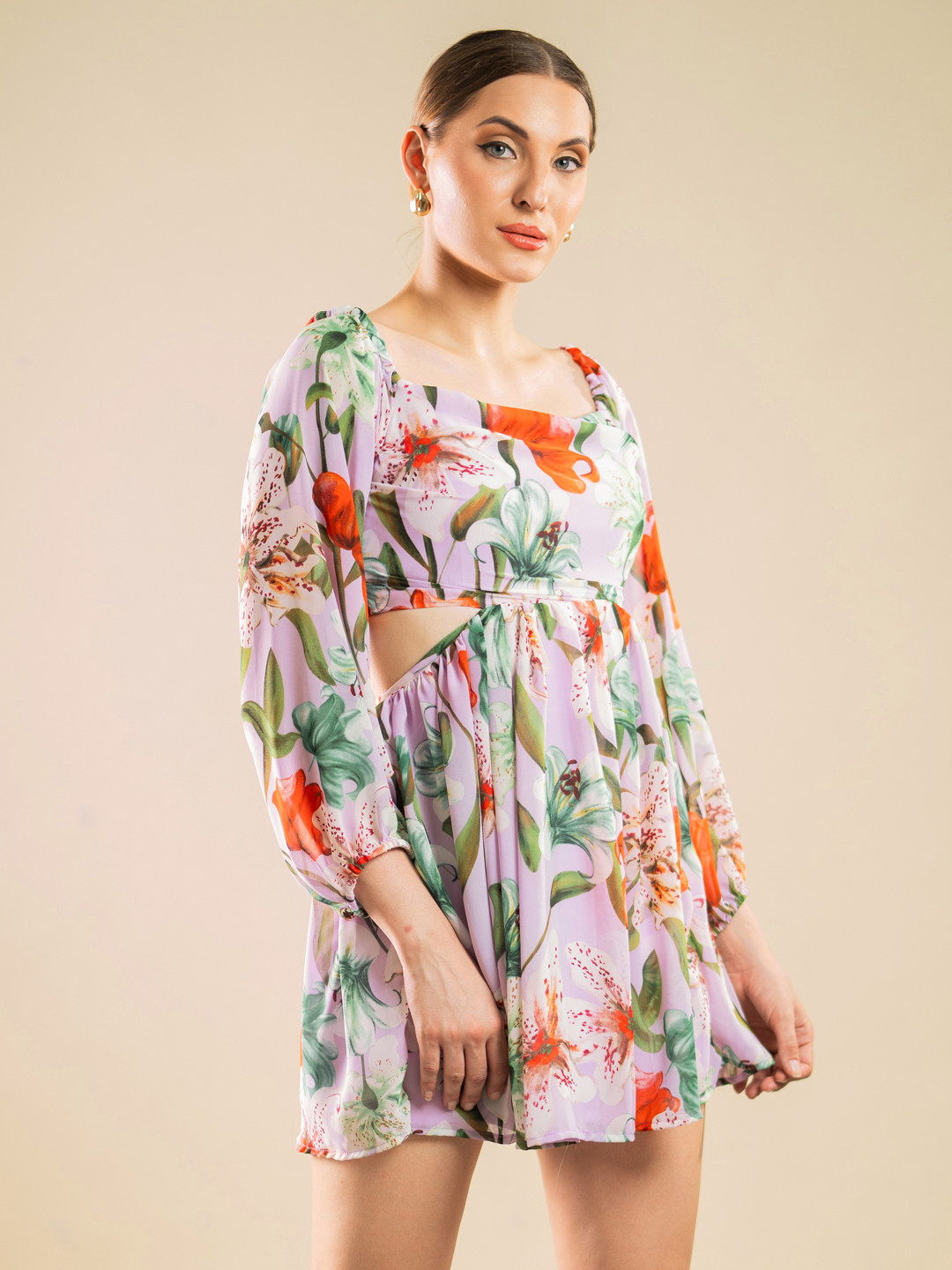 Stylecast X Hersheinbox Floral Print Cut-Out Georgette A-Line Mini Dress