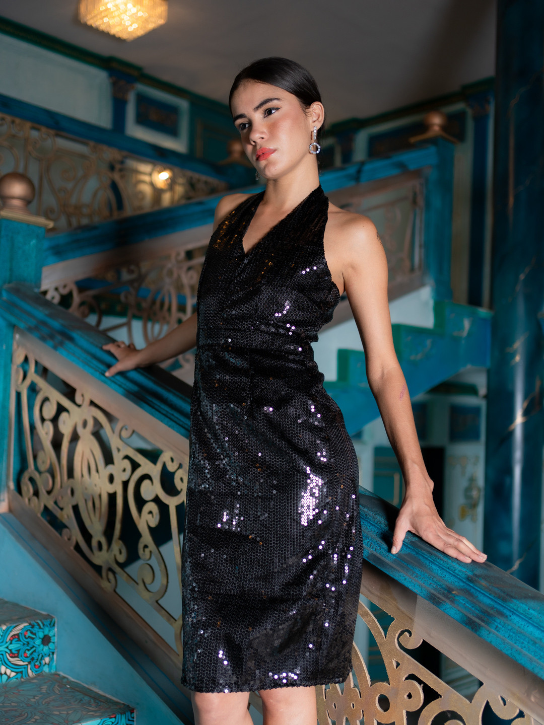 Stylecast X Hersheinbox Sequinned Halter Neck Sheath Dress with Cut-out Back Detail