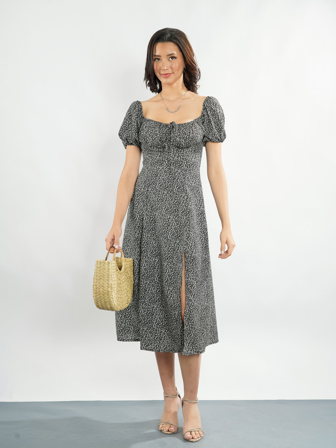 Stylecast X Hersheinbox Print Tie-Up Neck Georgette Front Slit A-Line Midi Dress