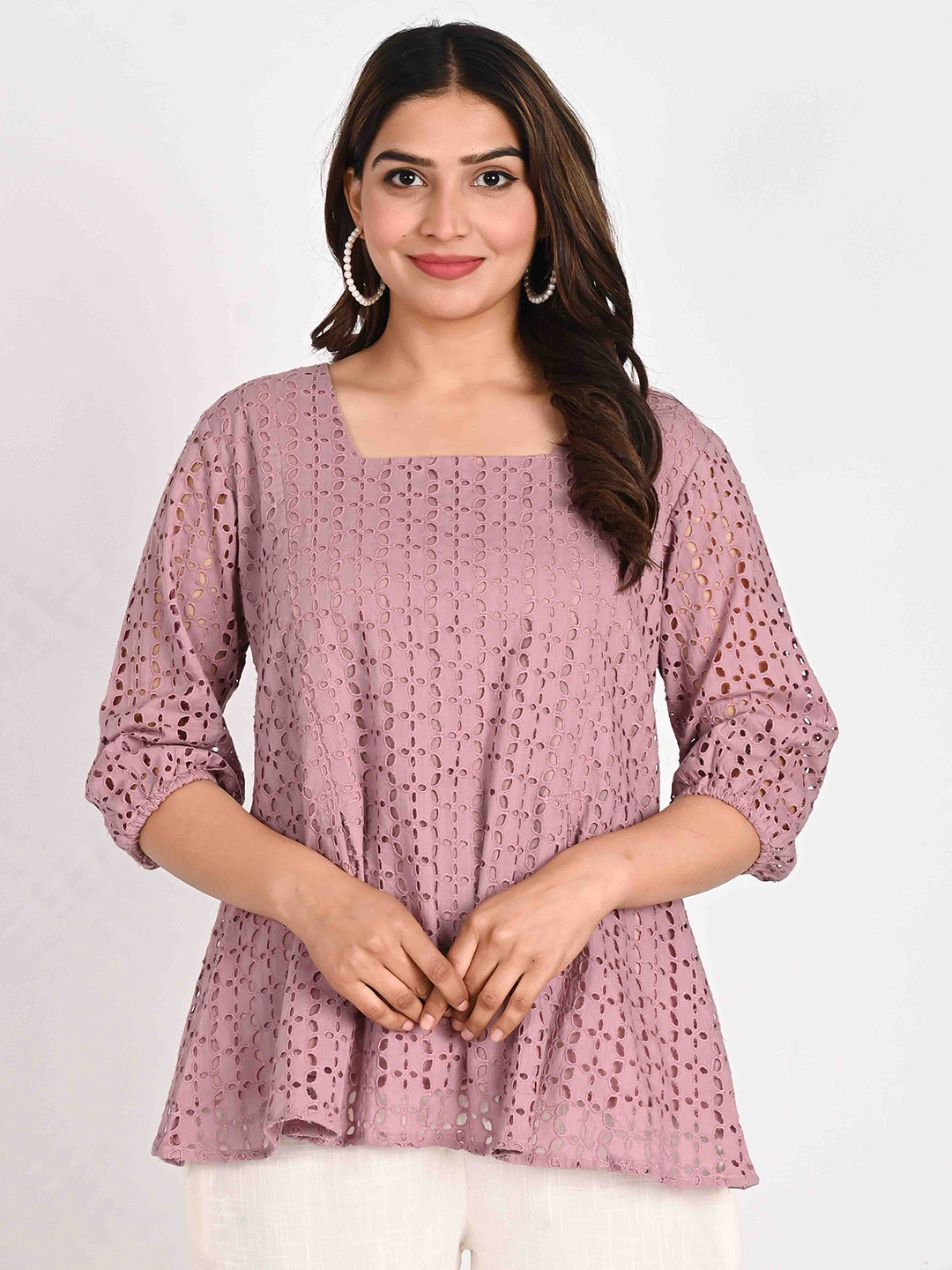 Do Dhaage Cotton Square Neck Puff Sleeve Cotton Opaque A-Line Casual Top