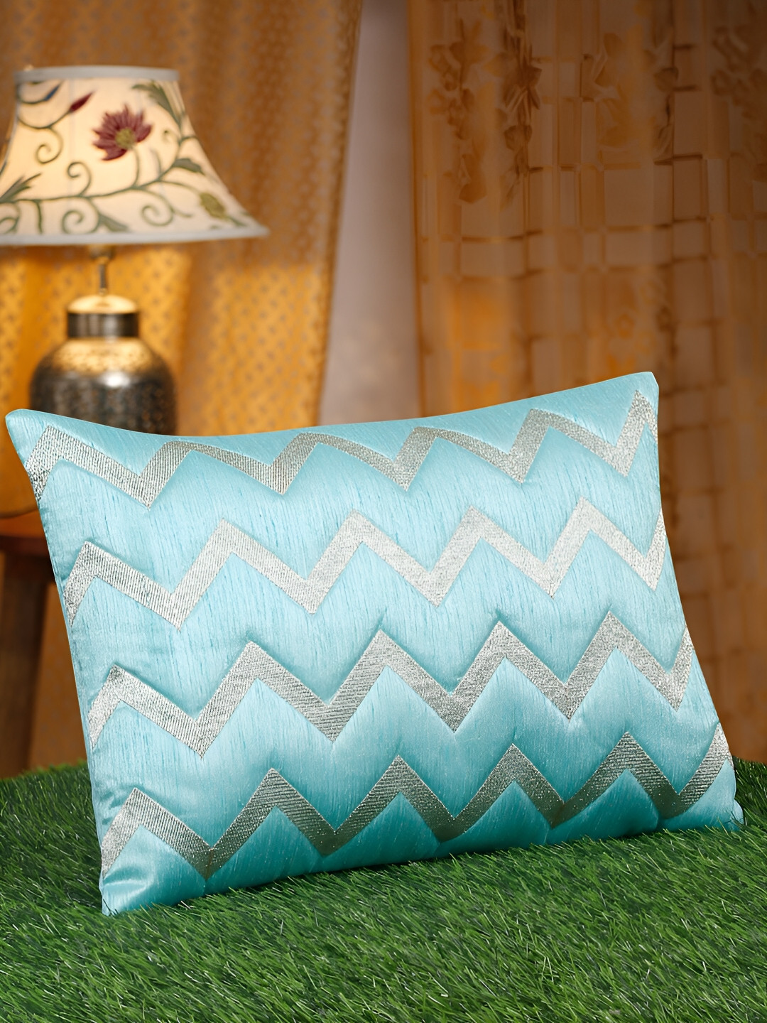 HOSTA HOMES Quick-Dry Blue Checked Polyester Silk Anti-Wrinkle Cushion Cover -12x18In
