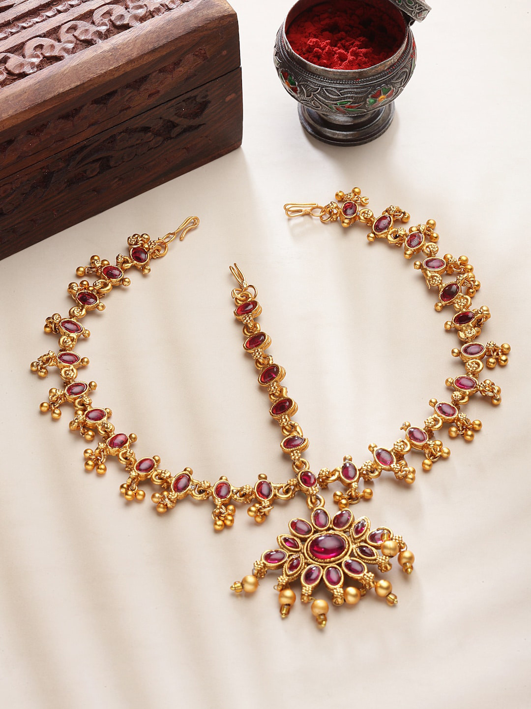 PANASH Gold-Plated Stone Studded Reversible Matha Patti Head Jewellery