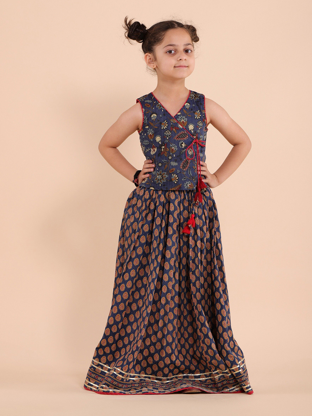 Sangria Girls Blue Floral Printed Gotta Patti Pure Cotton Round Neck Lehenga Choli
