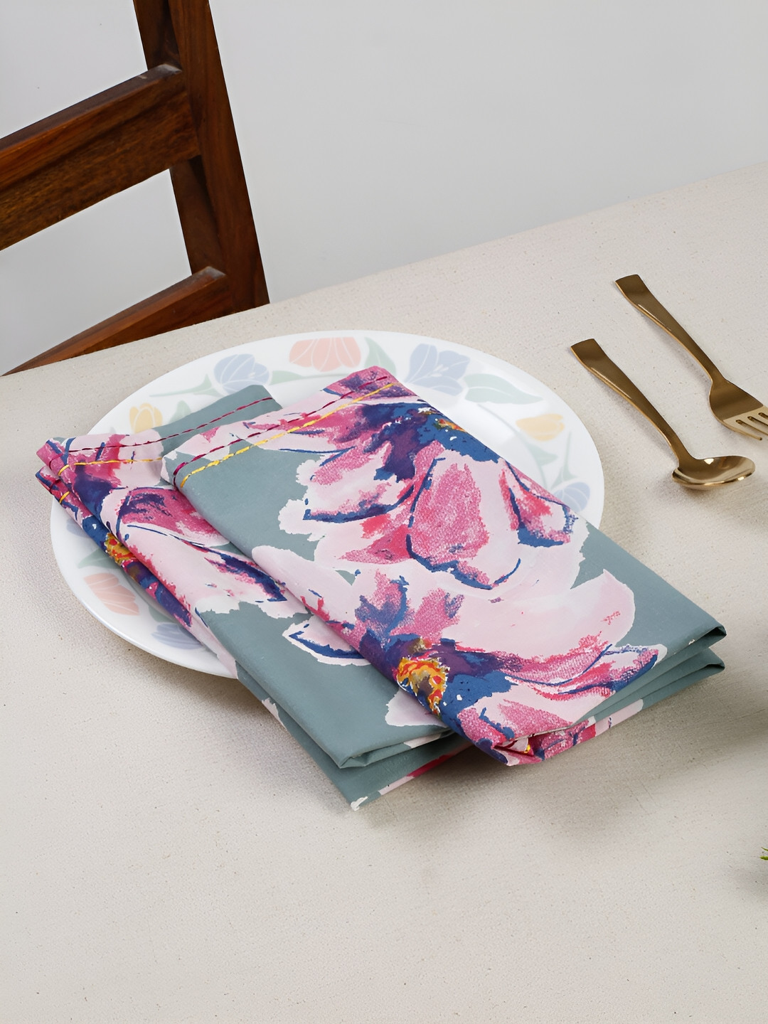 Ratan Cart Green 4 Pieces Floral Printed Cotton Table Napkins