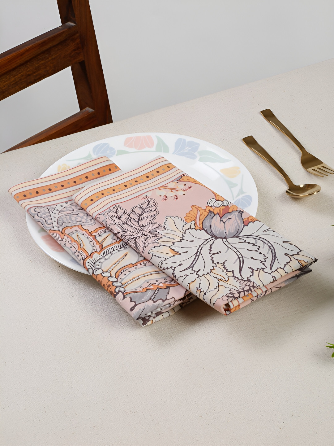 Ratan Cart 4 Pieces Peach & Grey Floral Printed Cotton Table Napkins