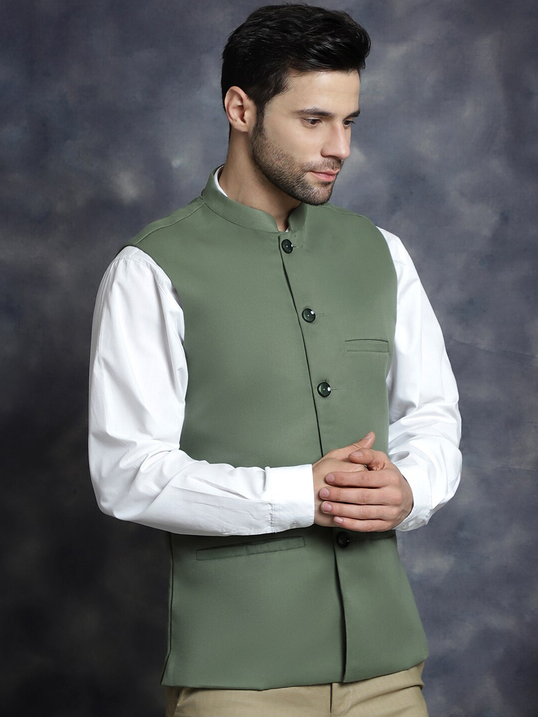 Anouk Green Mandarin Collar Woven Nehru Jacket