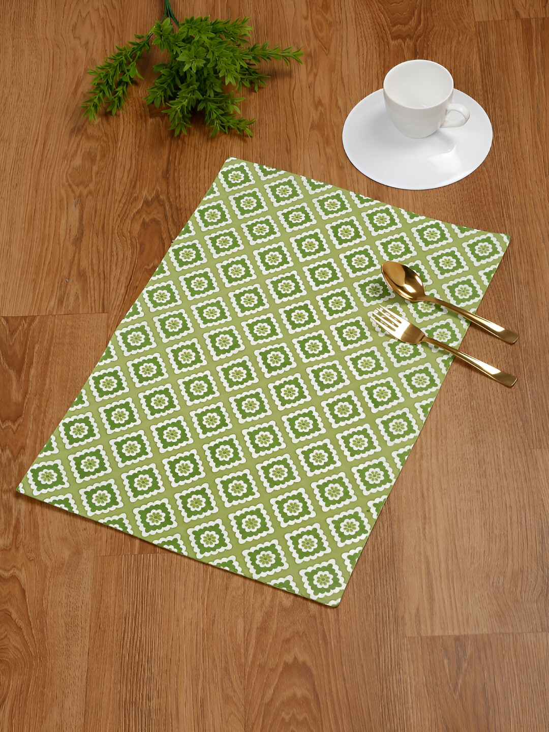 Ratan Cart Green & white 4 Pieces Geometric Printed Cotton Table Placemats