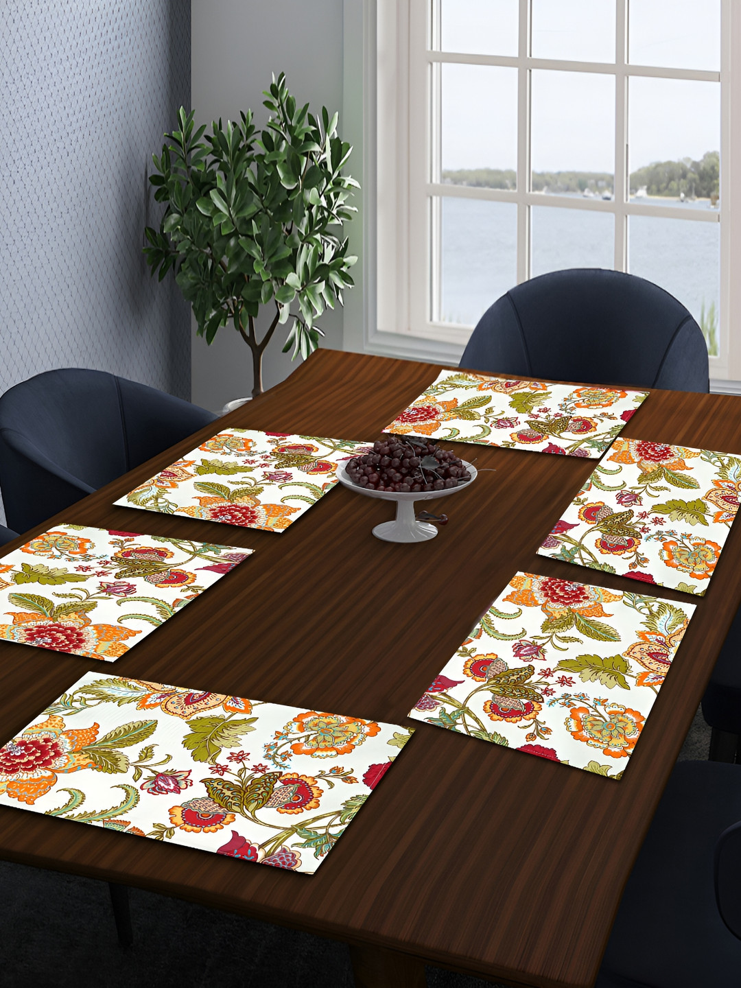 Ratan Cart Red & Green 6 Pieces Floral Printed Cotton Table Placemats