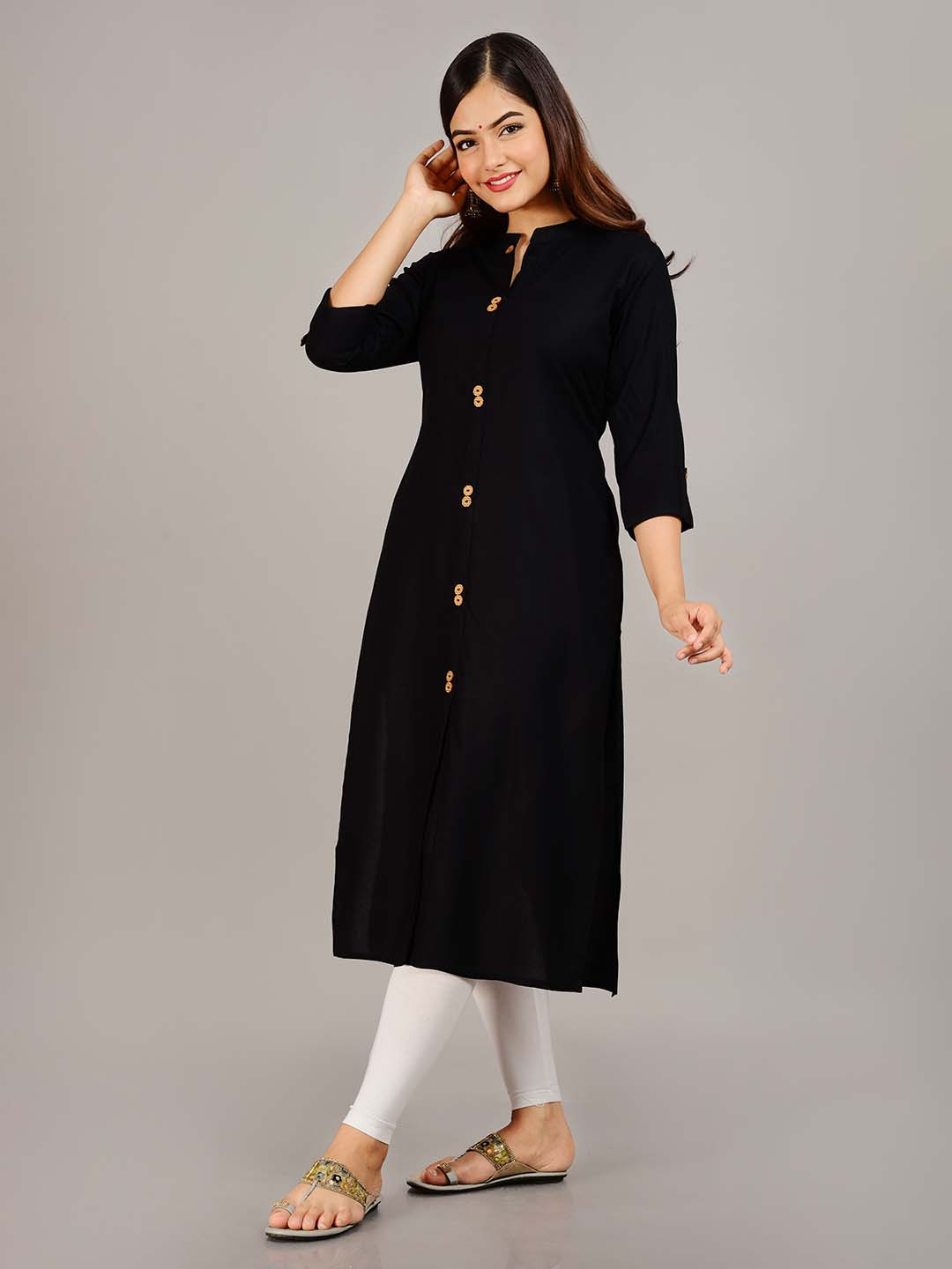 NEW4U Mandarin Collar Roll-Up Sleeves Straight Kurta