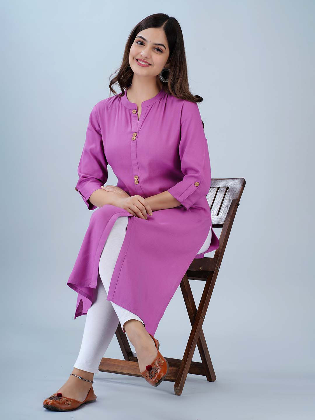 NEW4U Mandarin Collar Roll-Up Sleeves Straight Kurta