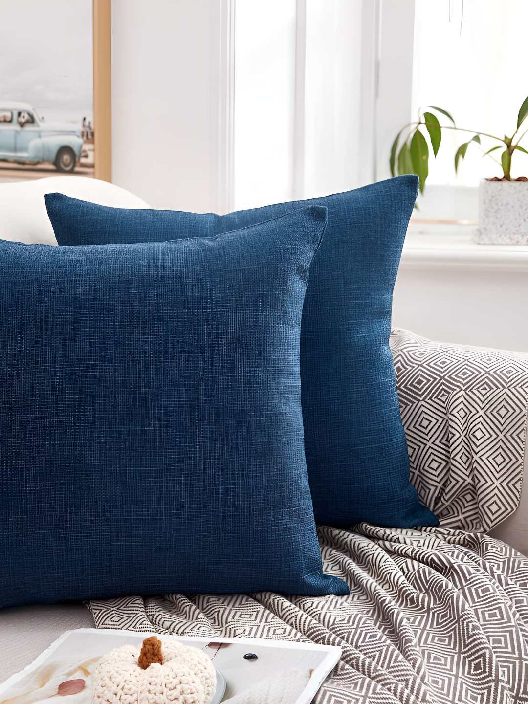 CASA-NEST Blue Jute Reversible 5 Piece Textured Square Cushion Covers - 16 x 16 Inches