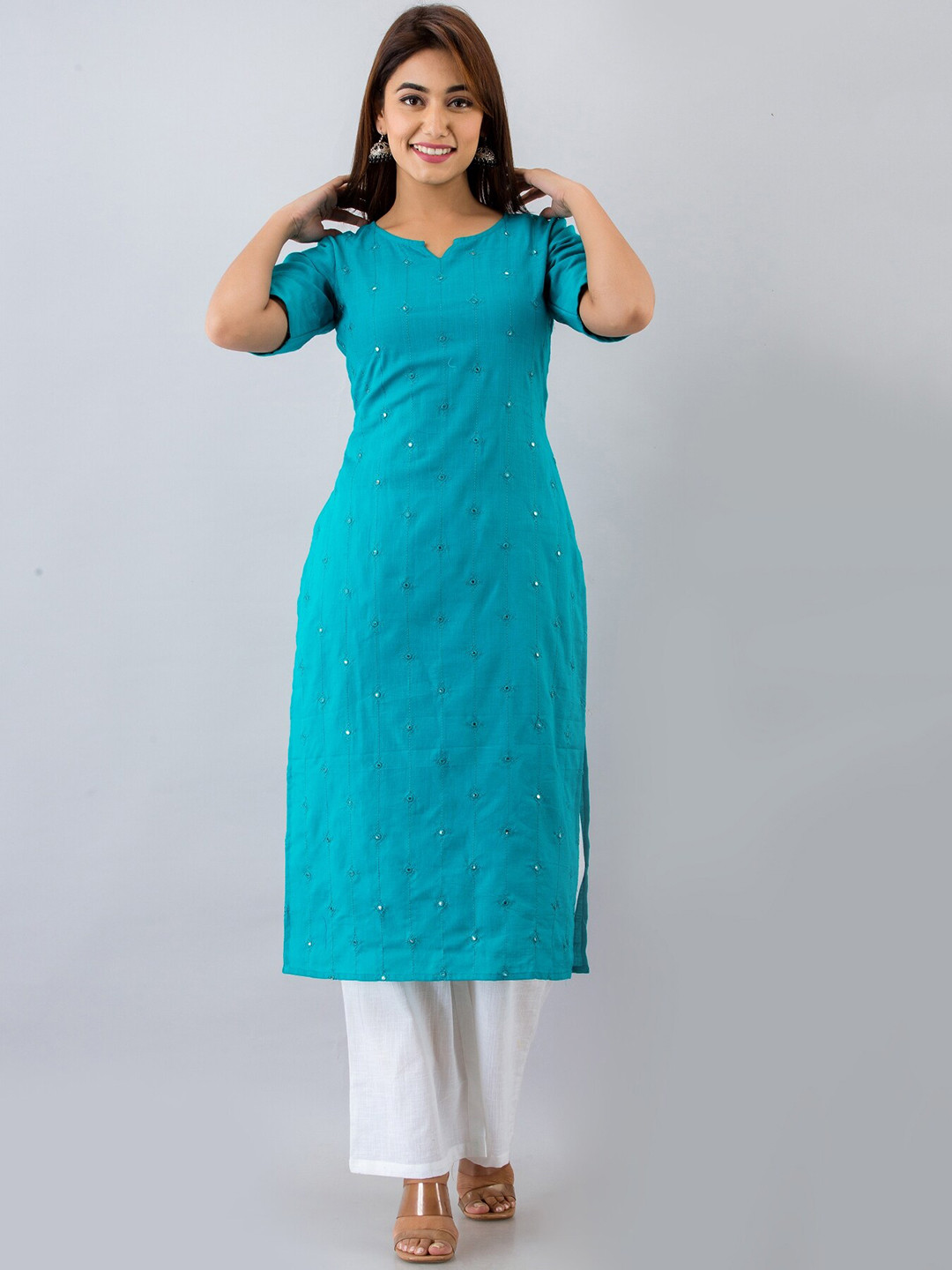 HERE&NOW Embellished Printed Cotton Notched Neck Roll-Up Sleeves Thread Work A-Line Kurta