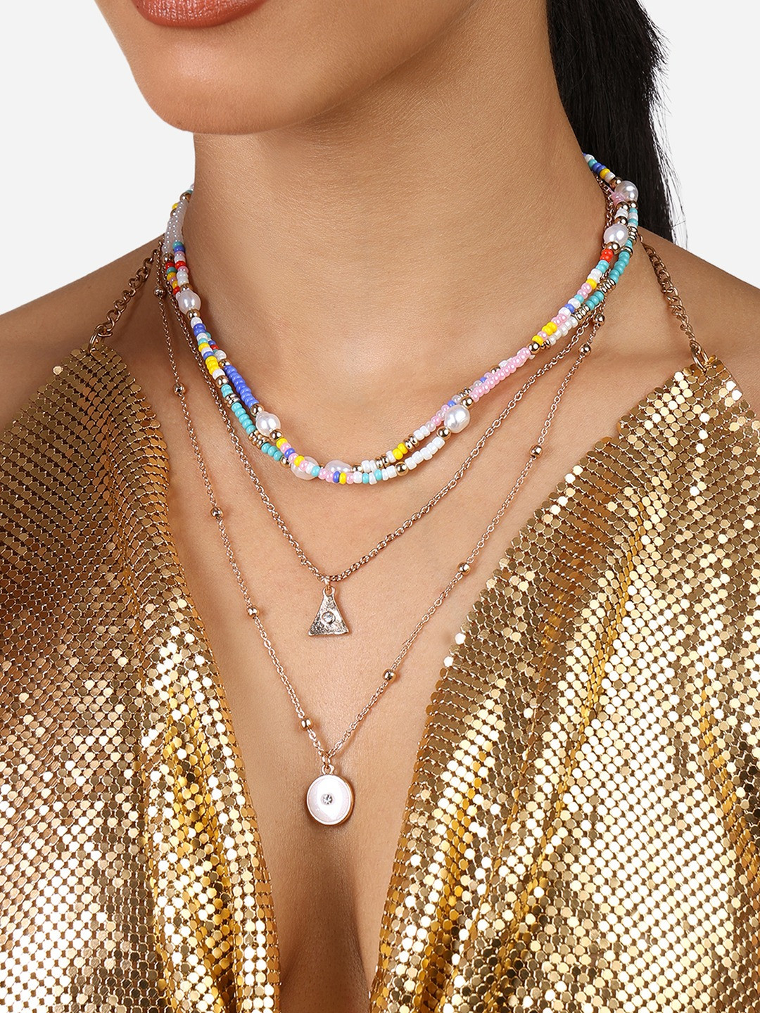 Zaveri Pearls Gold-Plated Beaded Four Layered Chain