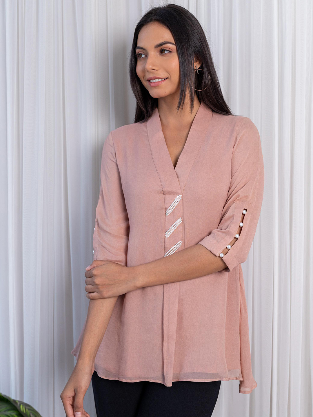 LABEL KANUPRIYA V-Neck Applique Three-Quarter Sleeves Georgette Top