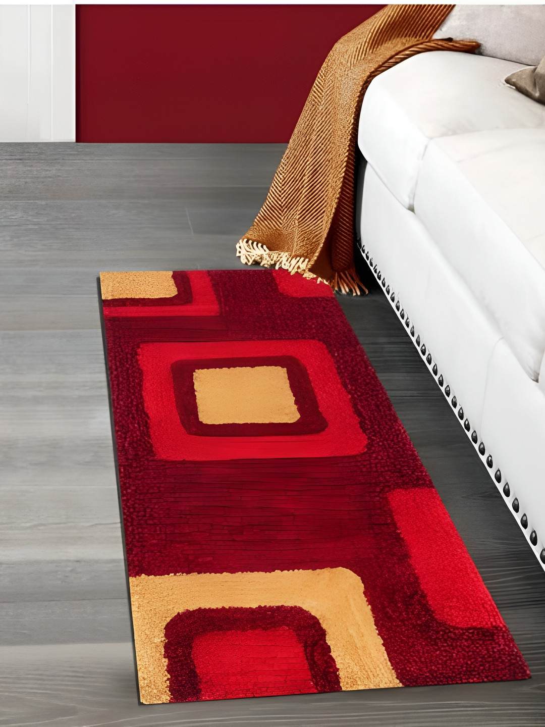 Shopgallery Red & Beige Geometric-Design Hand-Tufted Anti-Slip Floor Runner