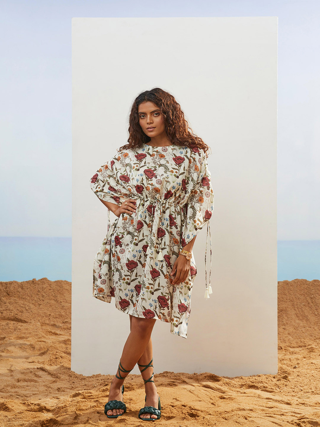 CMGE Floral Printed Boat Neck Batwing Sleeves Kaftan Dress