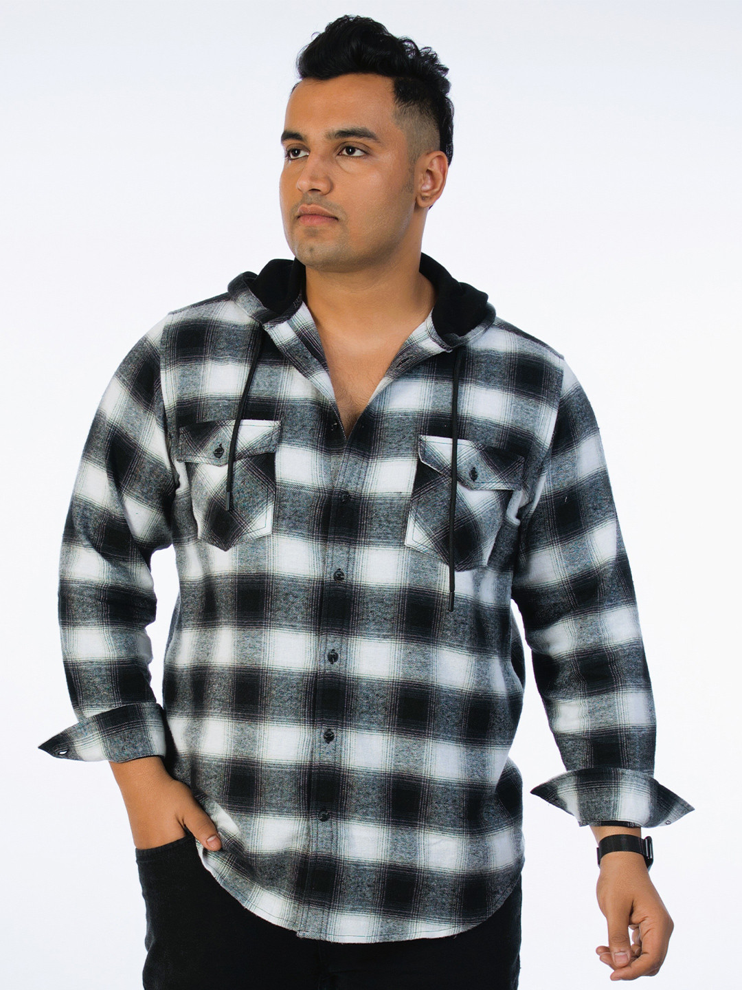 UNSIZED Comfort Tartan Checked Hooded Long Sleeves Casual Shacket