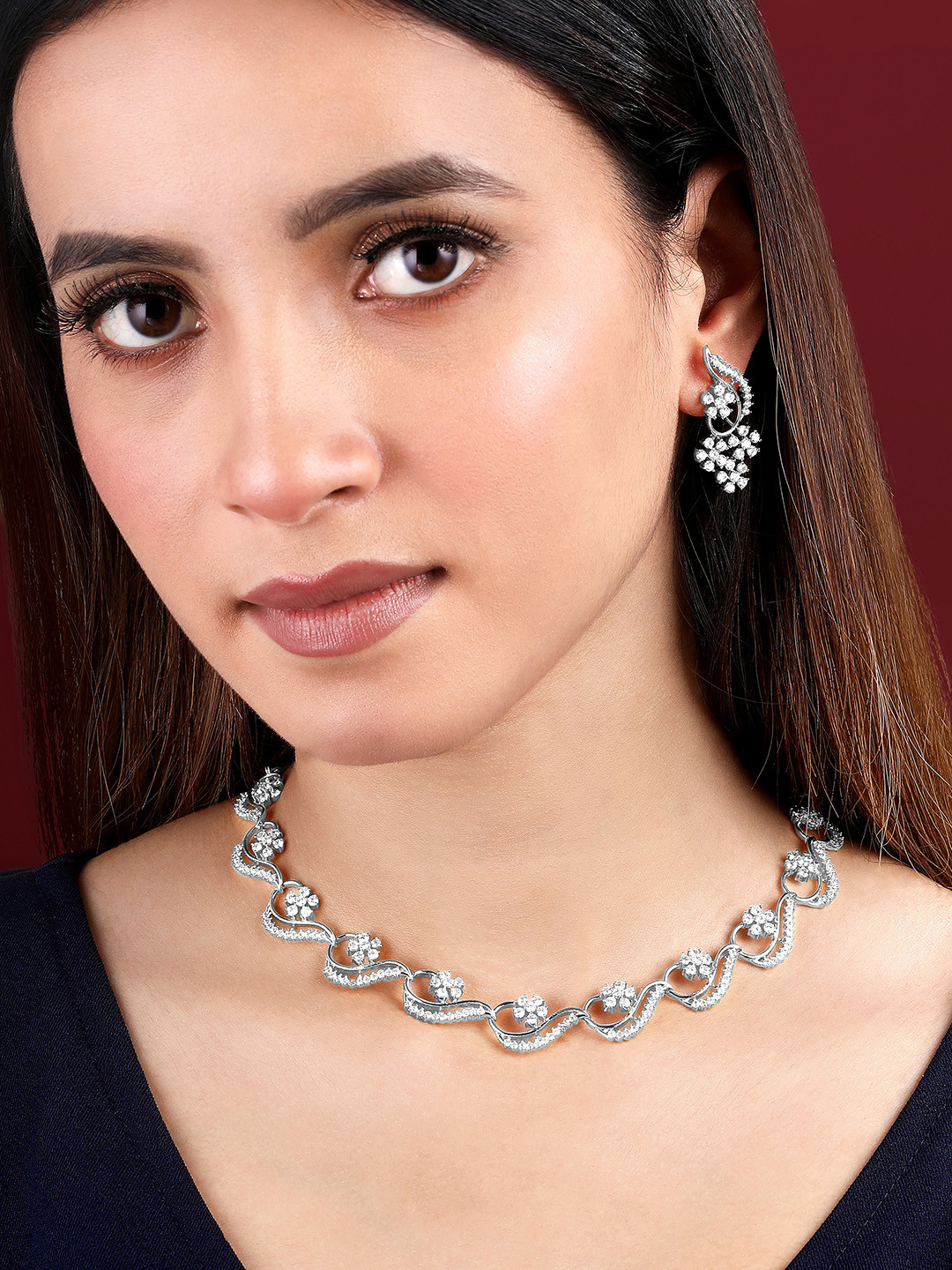 Peora Silver Plated Cubic Zirconia-Studded Necklace And Earrings