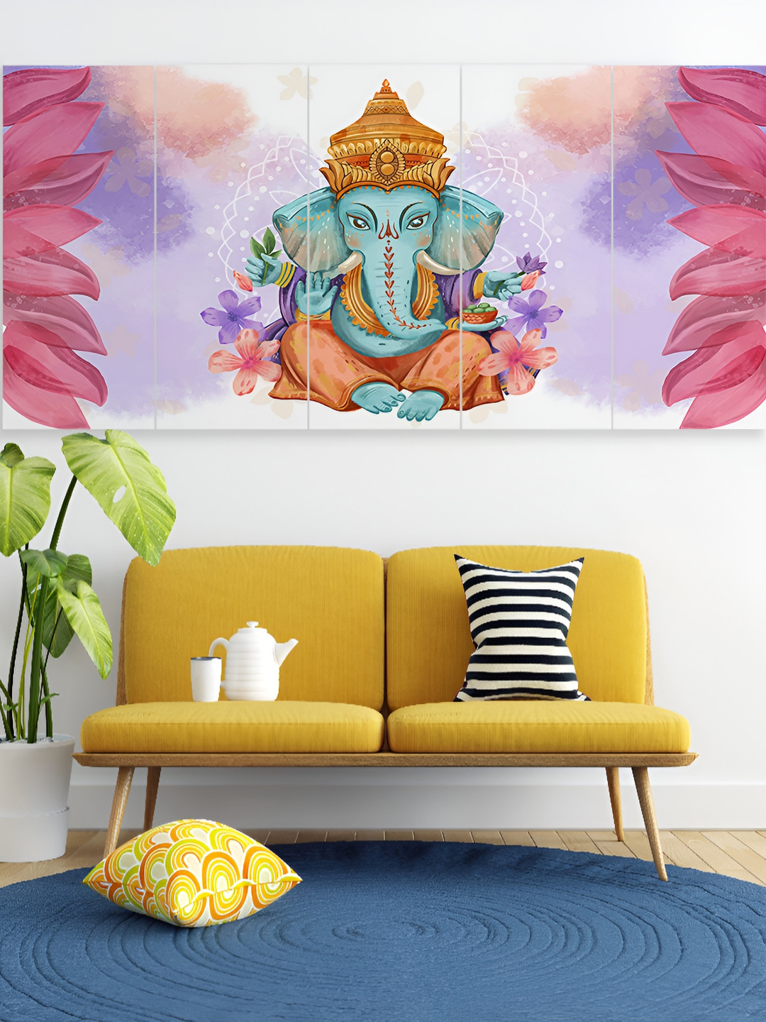Pum Pum Blue & Gold Toned 5 Pieces 3D Canvas Shree Ganesha Paintings Wall Art