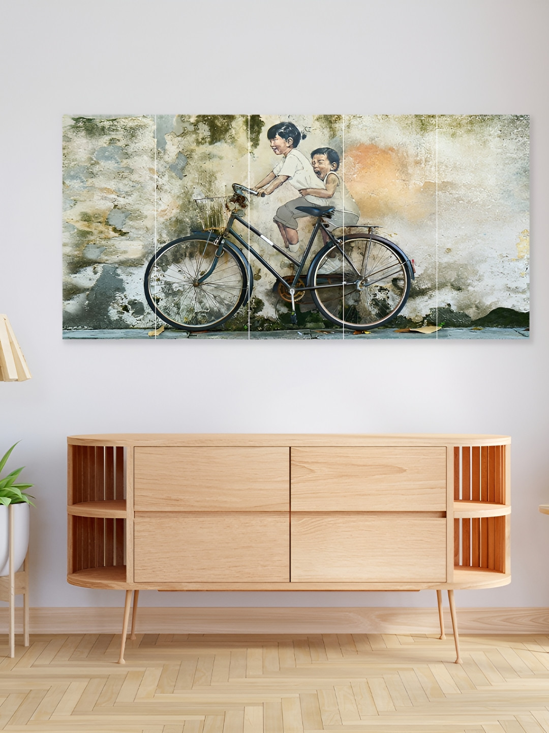 Pum Pum  Beige & Green 5 Piece wooden Panel 3D Modern Wall Art