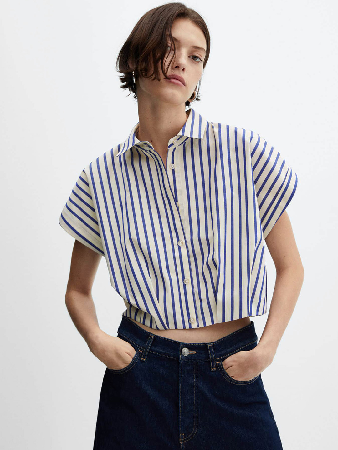 MANGO Striped Cropped Shirt