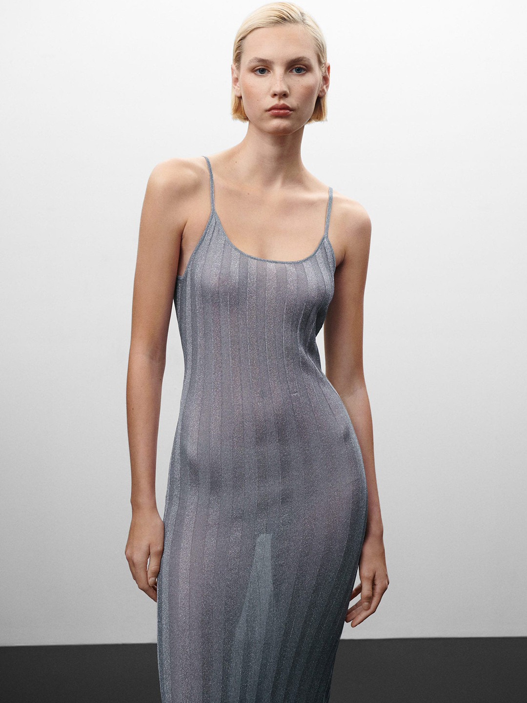 MANGO Open Back Lurex Sheer Maxi Dress