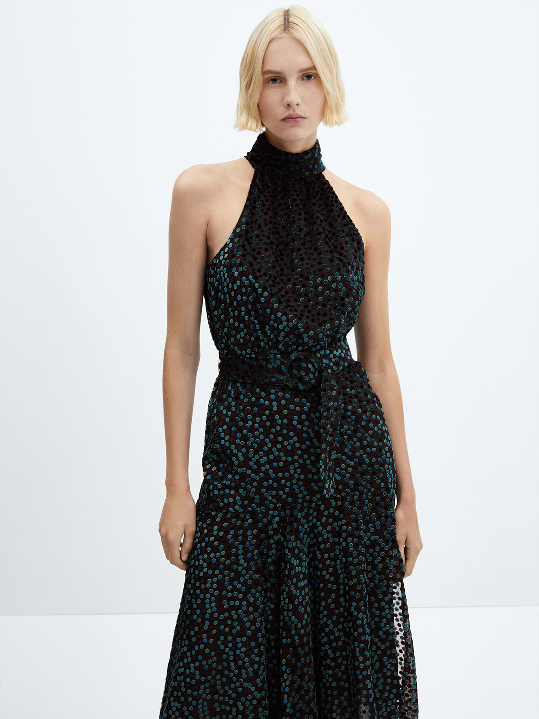 MANGO High Neck Velvet A-Line Midi Dress