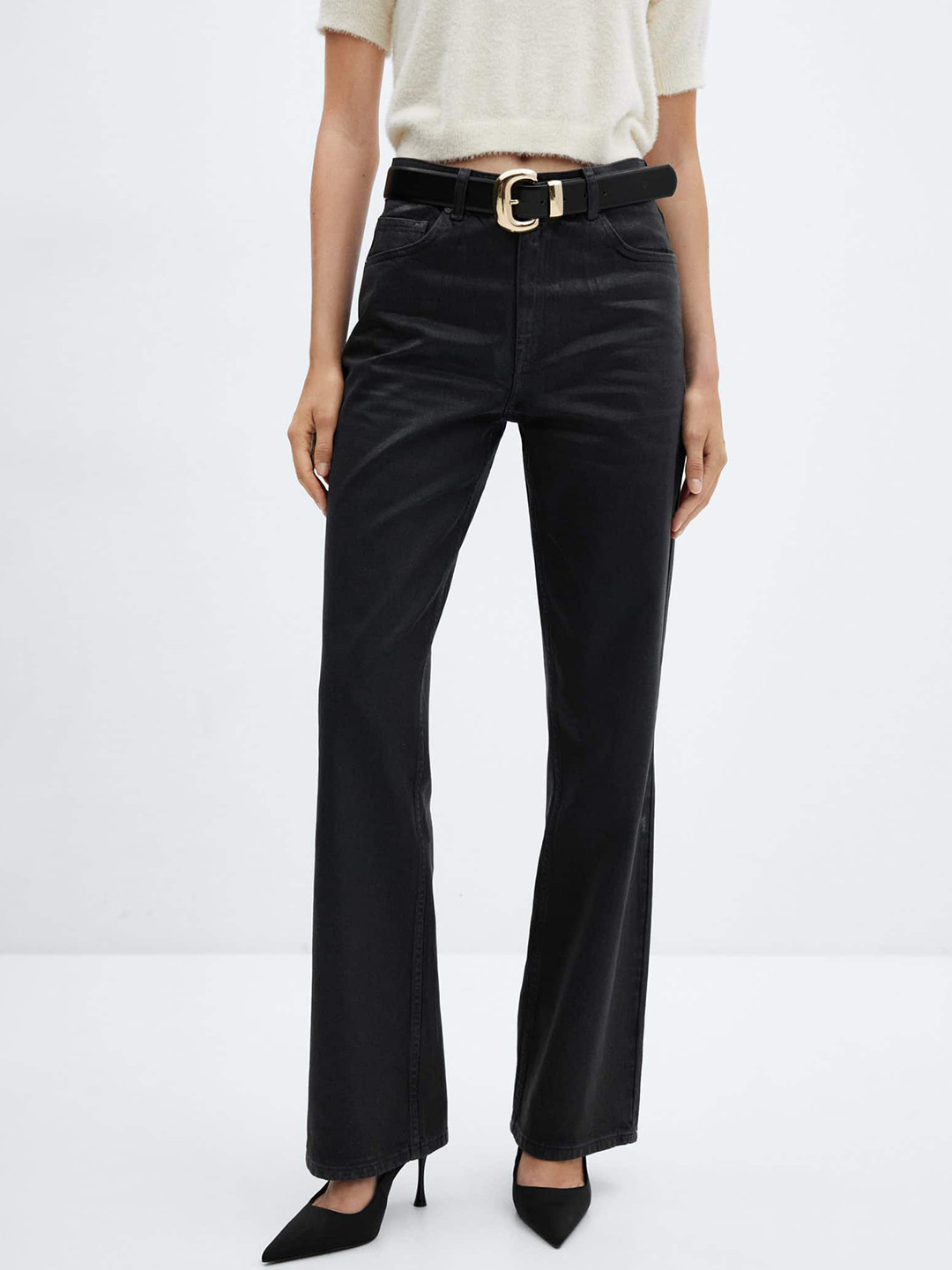 MANGO Women Shiny-Effect Cotton Straight Jeans