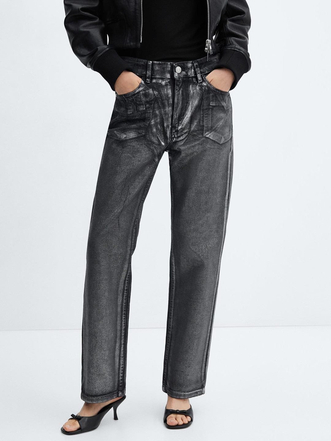 MANGO Women Straight Foil Cotton Trousers