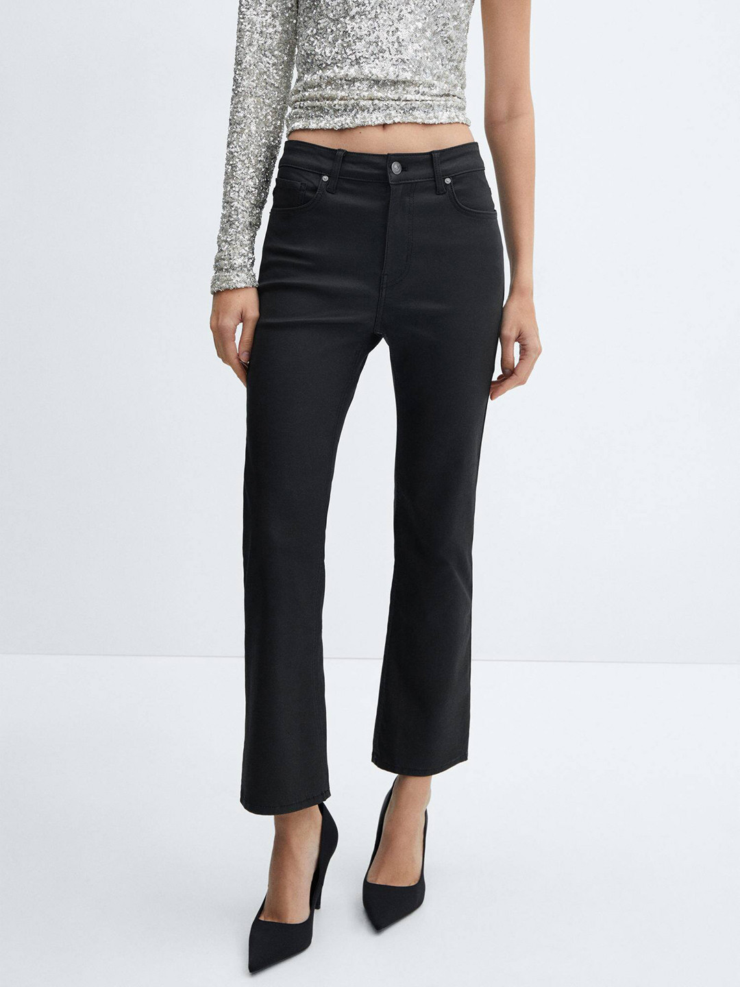 MANGO Women Waxed Flared Cropped Jeans