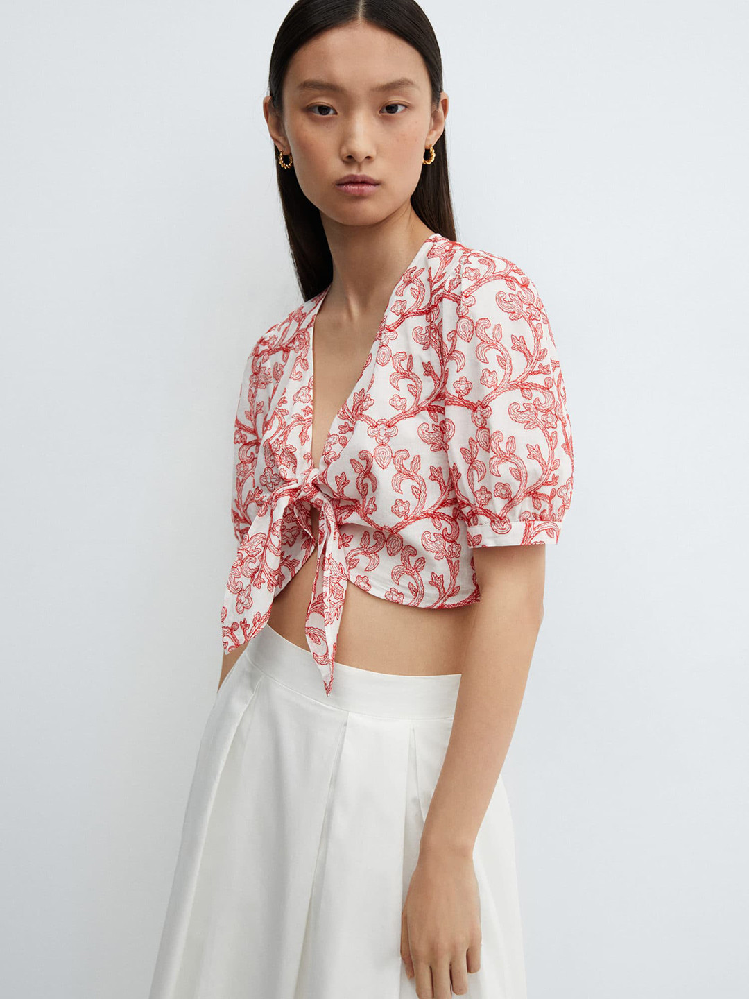 MANGO Floral Embroidered Knot Cotton Crop Top
