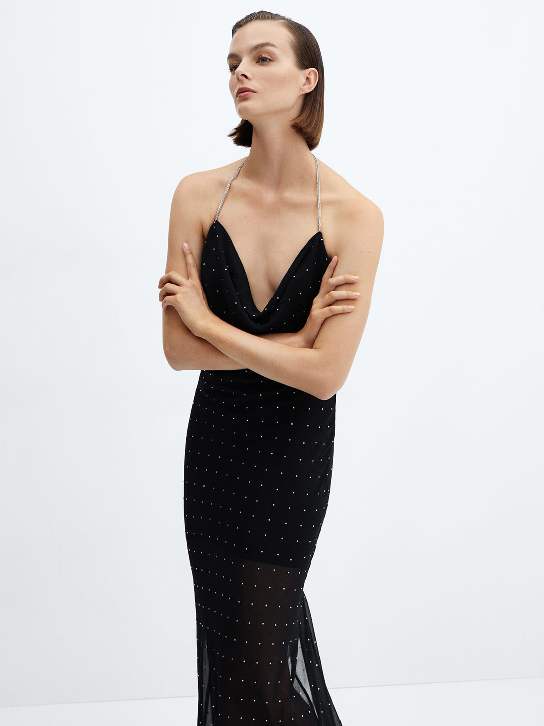 MANGO Draped Halter Neck Dress With Rhinestones