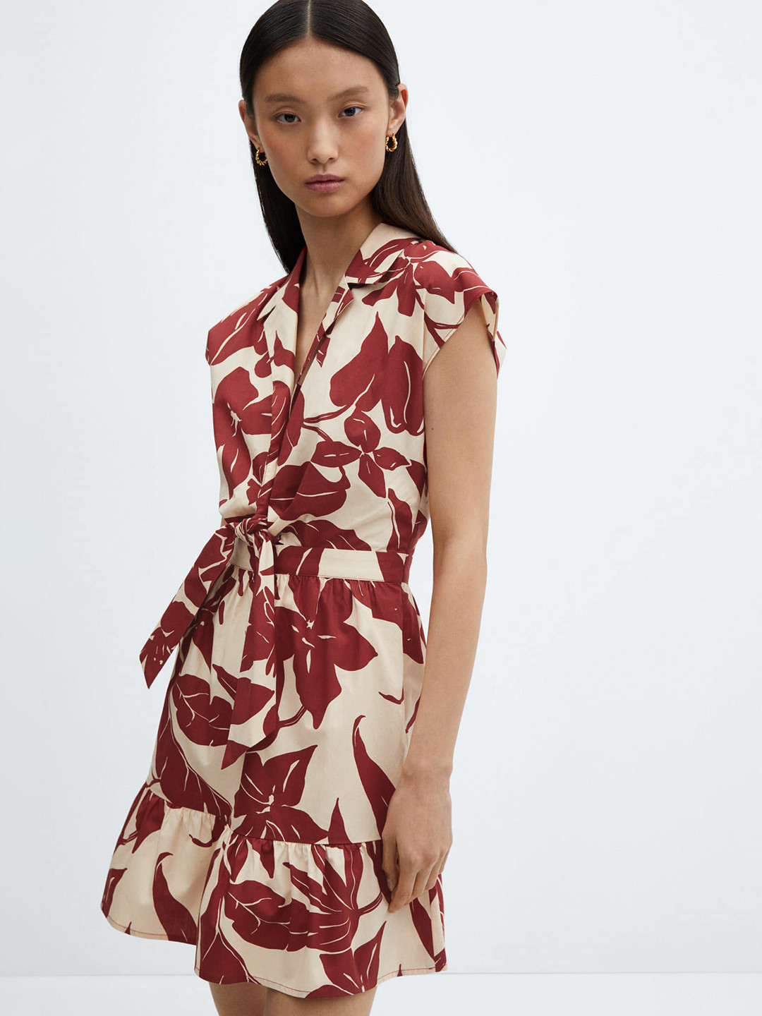 MANGO Cotton Floral Print Front Knot A-Line Mini Dress