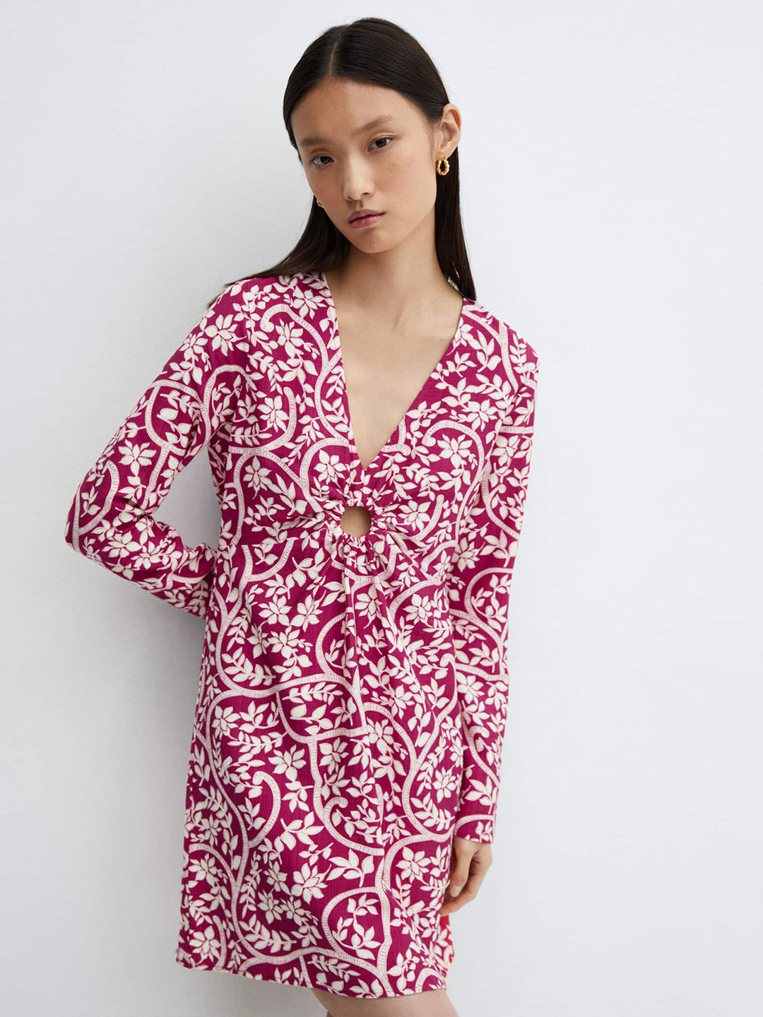 MANGO Cut-Out Floral Print A-Line Dress