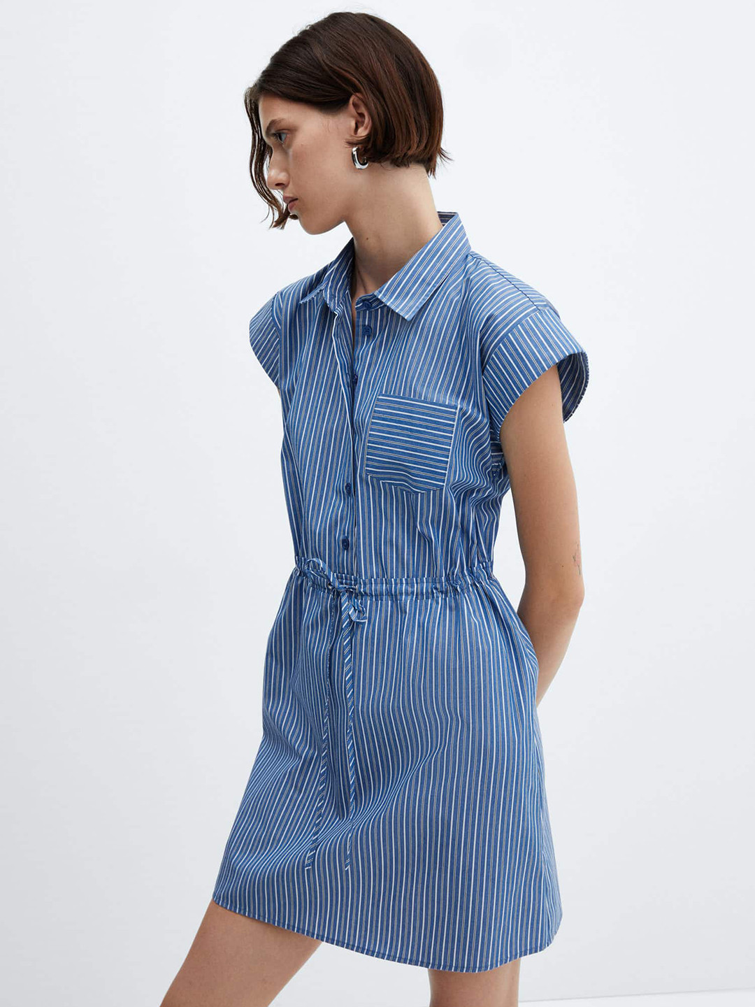 MANGO Waist Drawstring Striped Shirt Mini Dress