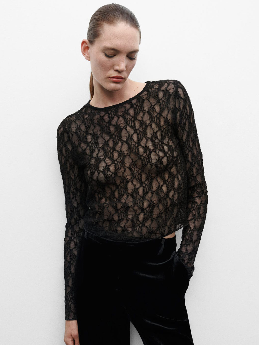 MANGO Self Design Round Neck Semi Sheer Top