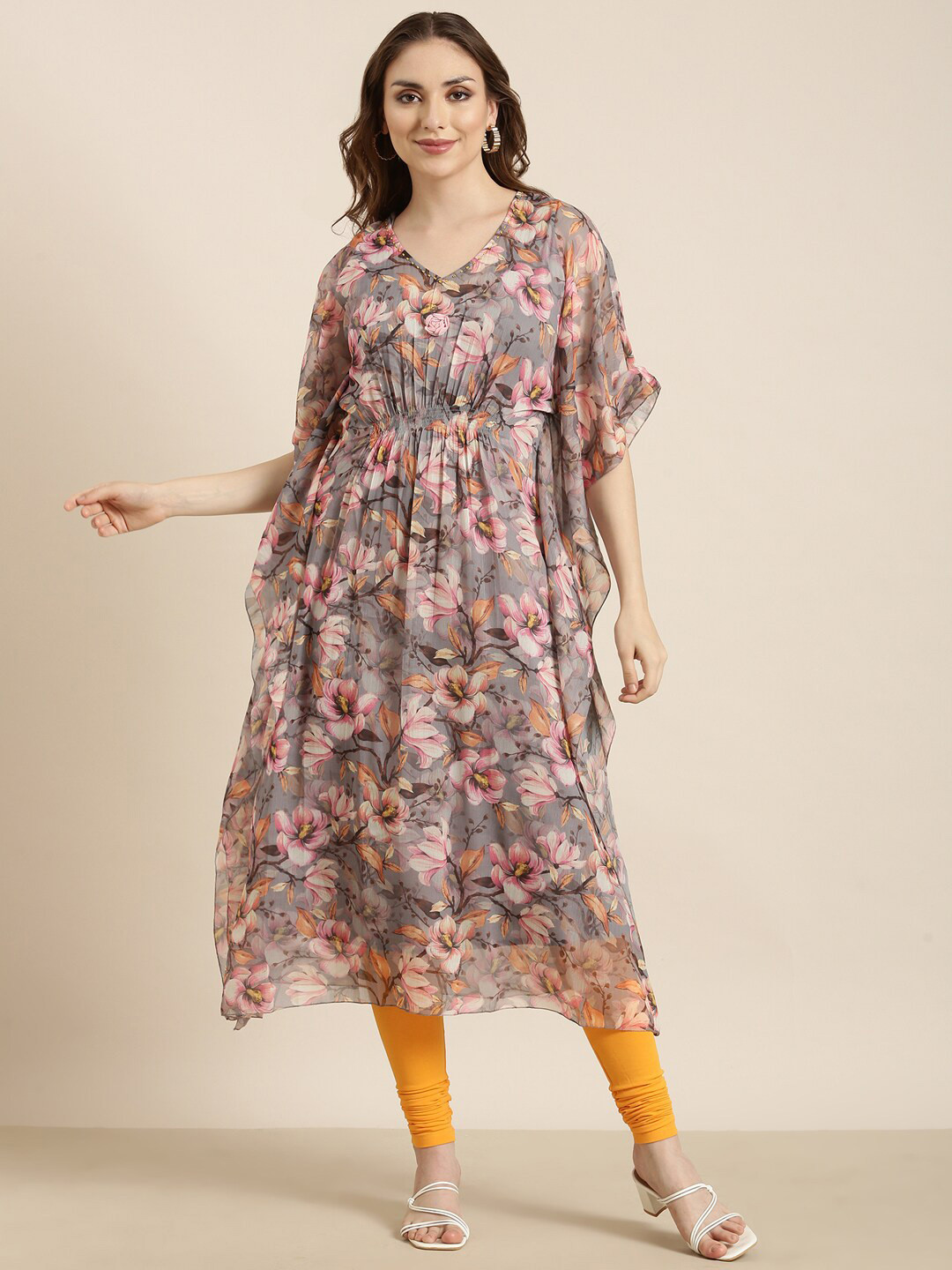 SHOWOFF Floral Printed V-Neck Flared Sleeves Beaded Kaftan Kurta