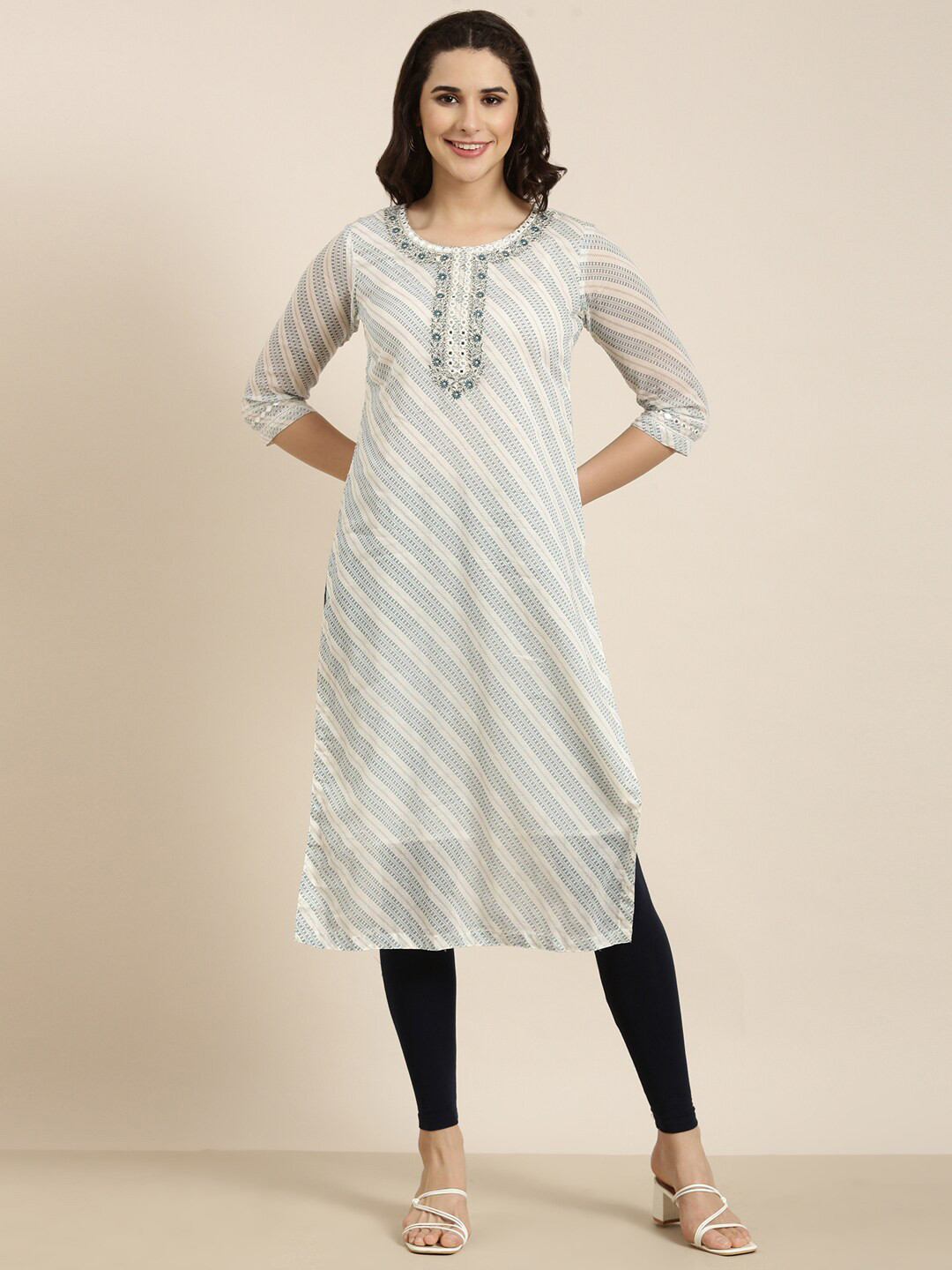 SHOWOFF Striped Cotton Asymmetric High Slit Keyhole Neck Thread Work A-Line Kurta