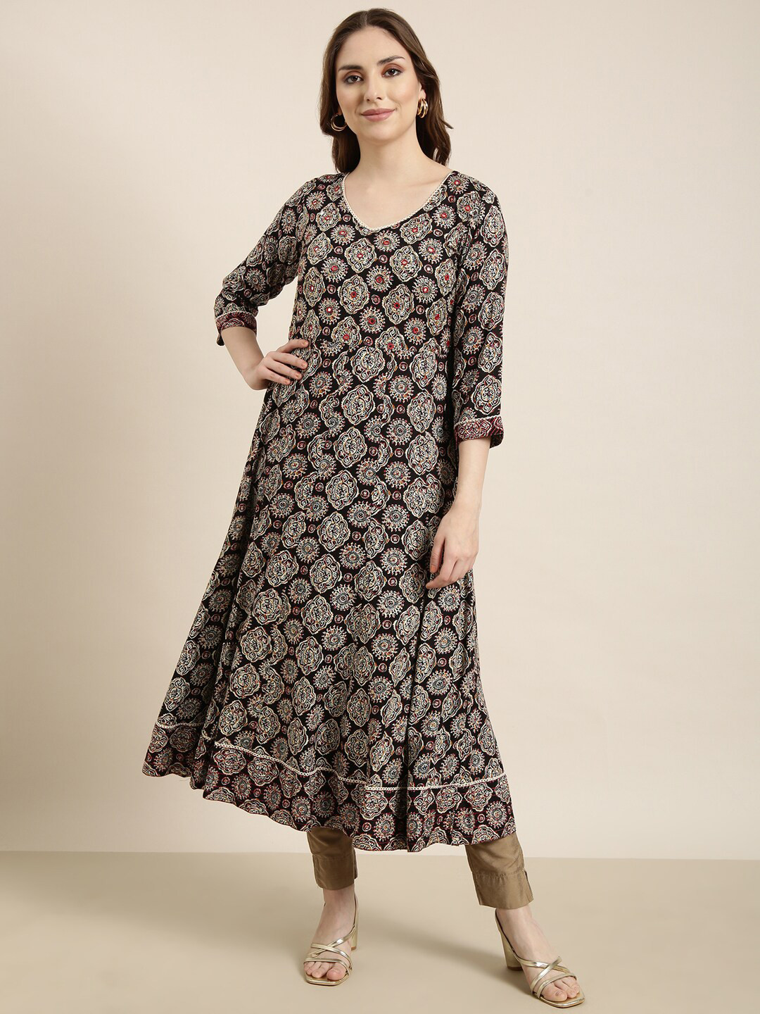 SHOWOFF Ethnic Motifs Printed Cotton Flared A-Line Indie Prints Angrakha Kurta