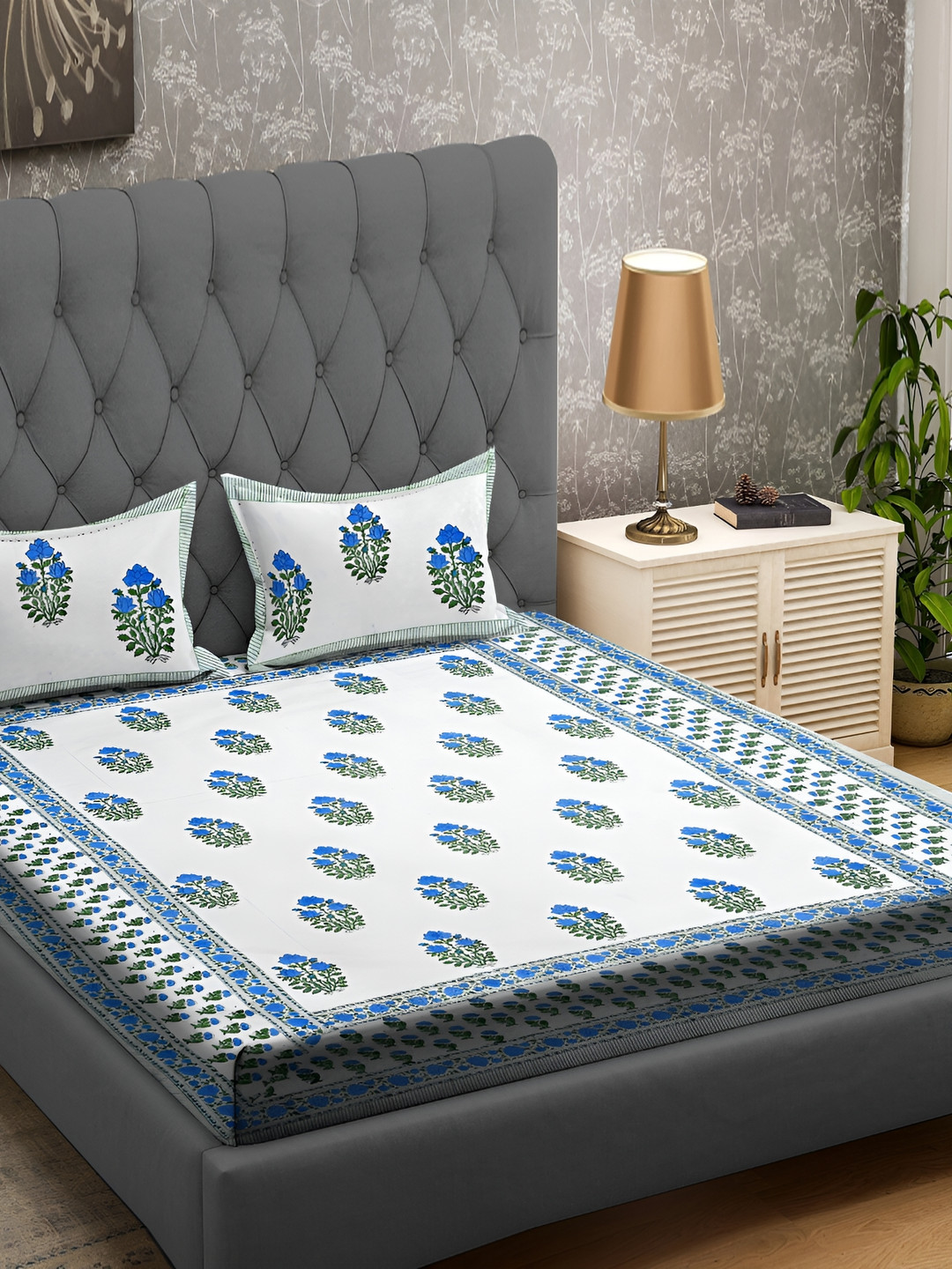 RRC Blue Ethnic Motifs Cotton 400 TC Queen Fine Bedsheet with 2 Pillow Covers-90 x 108 inches