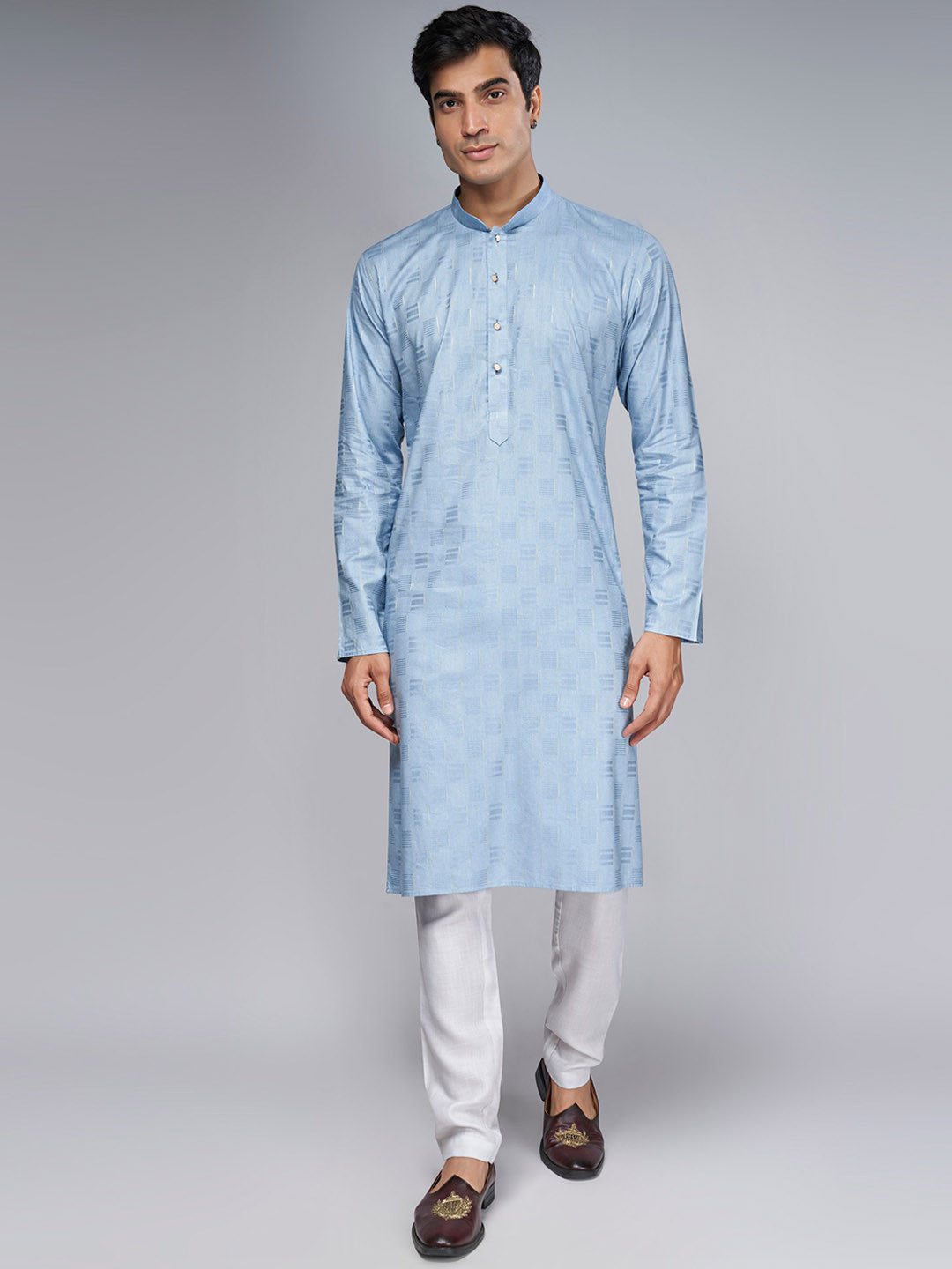 BELLAZO Checked Woven Design Mandarin Collar Cotton Straight Kurta