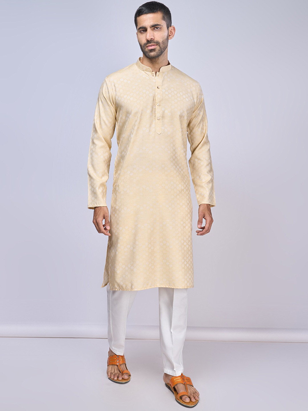 BELLAZO Floral Printed Mandarin Collar Jauquard Straight Kurta
