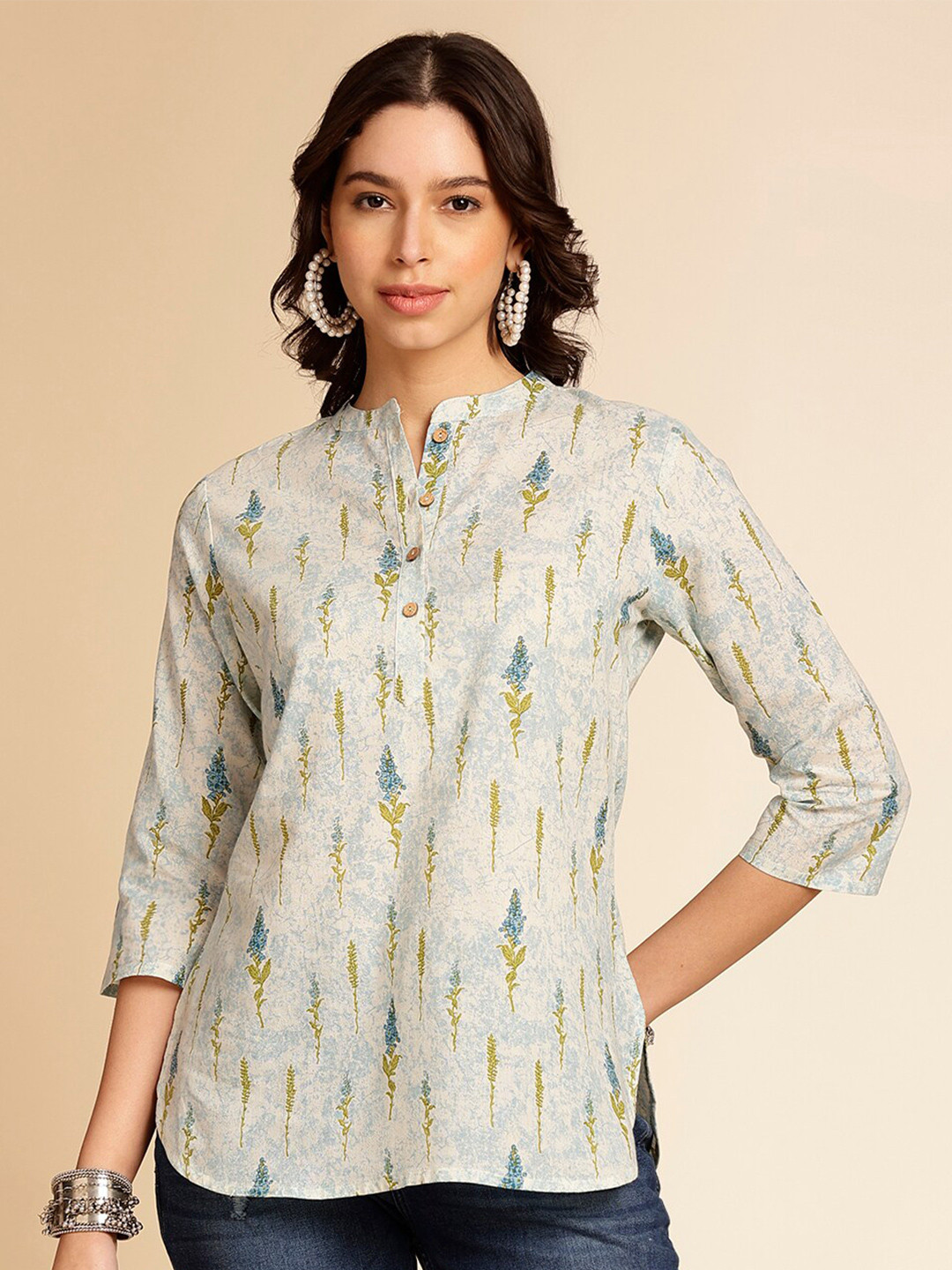 Anouk Off White Botanical Printed Mandarin Collar  Cotton Short Kurti