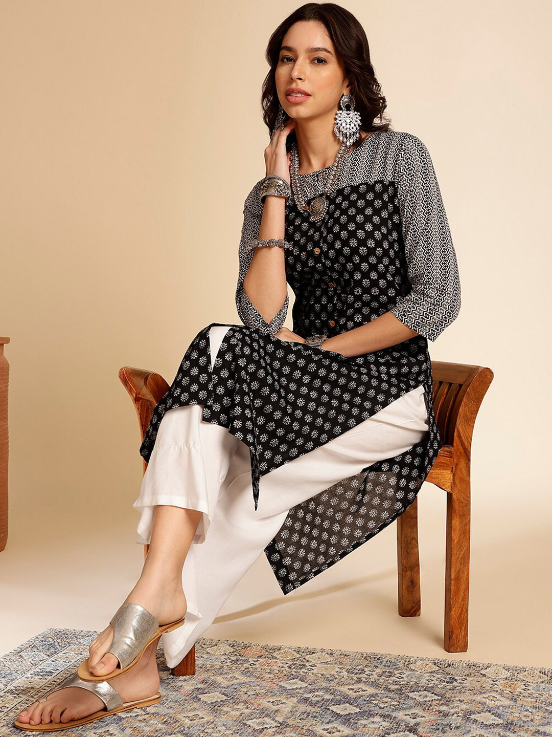 Anouk Black & White Ethnic Motifs Block Printed Round Neck Cotton Straight Kurta