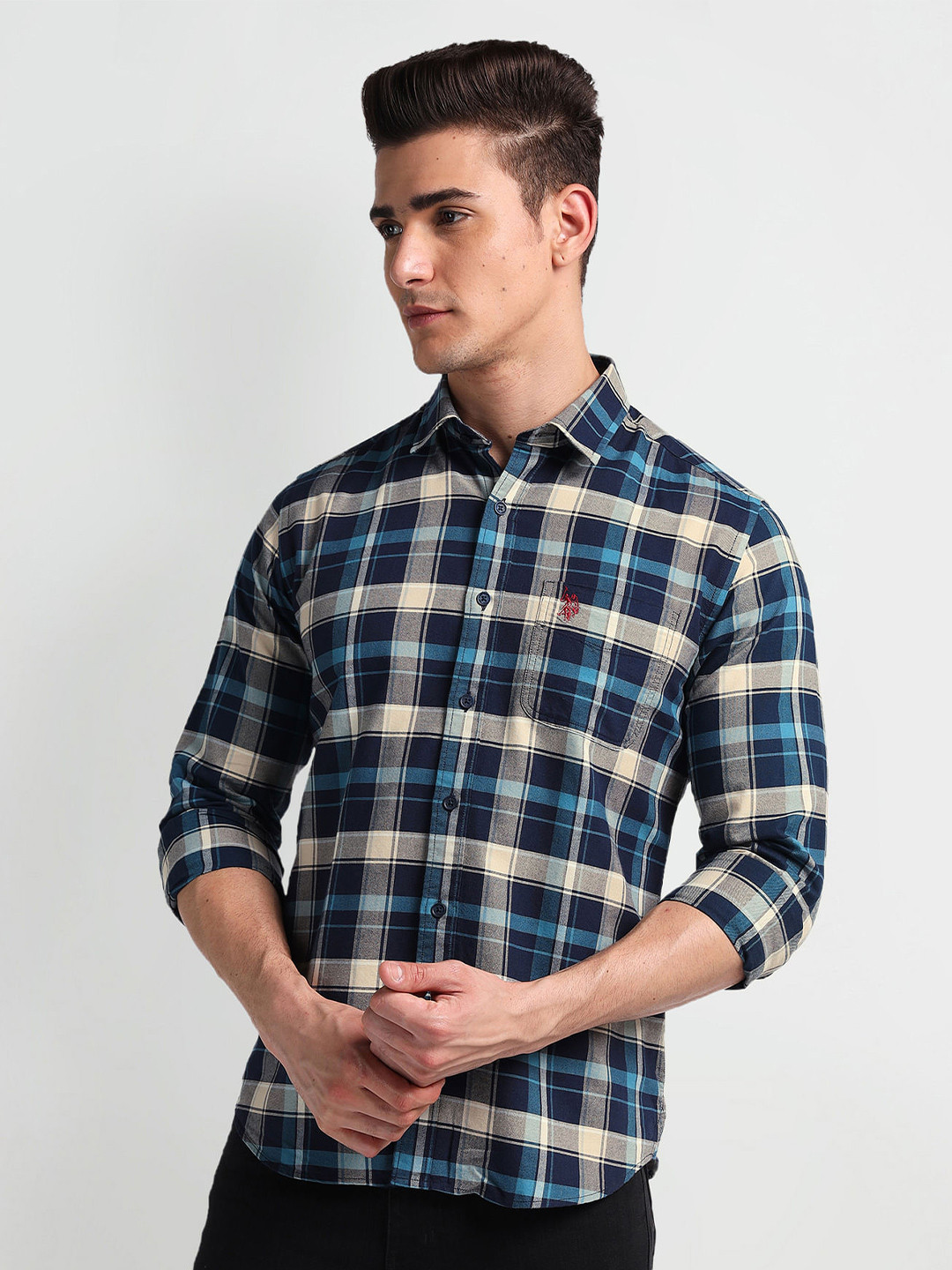 U.S. Polo Assn. Denim Co. Slim Fit Tartan Checks Checked Spread Collar Casual Shirt