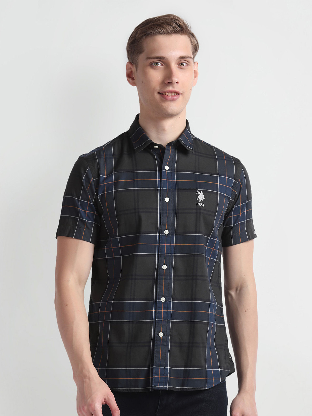U.S. Polo Assn. Denim Co. Slim Fit Checked Spread Collar Casual Shirt