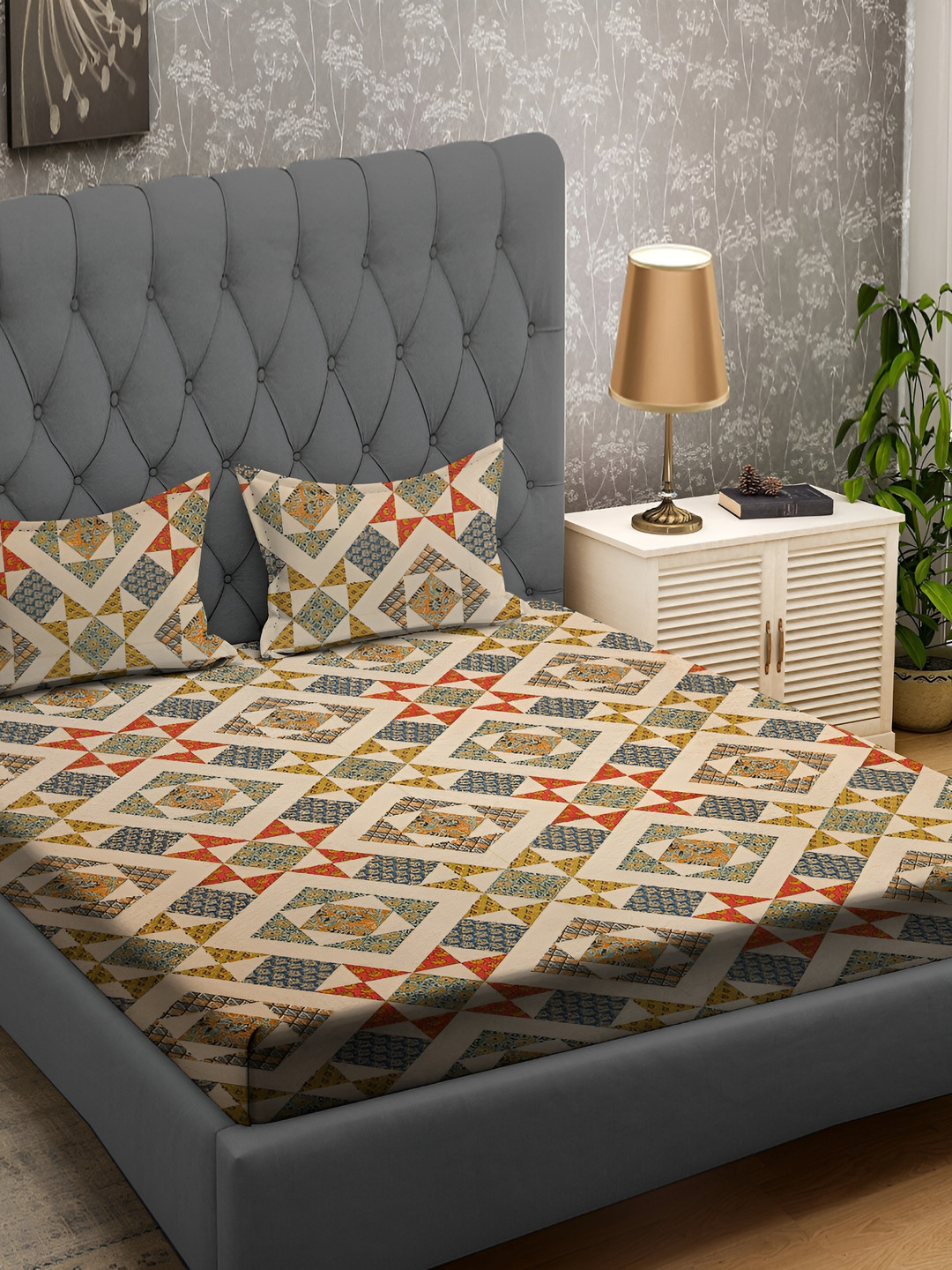 RRC Red Ethnic Motifs Cotton 164 TC Queen Fine Bedsheet with 2 Pillow Covers-90 x 108 inches